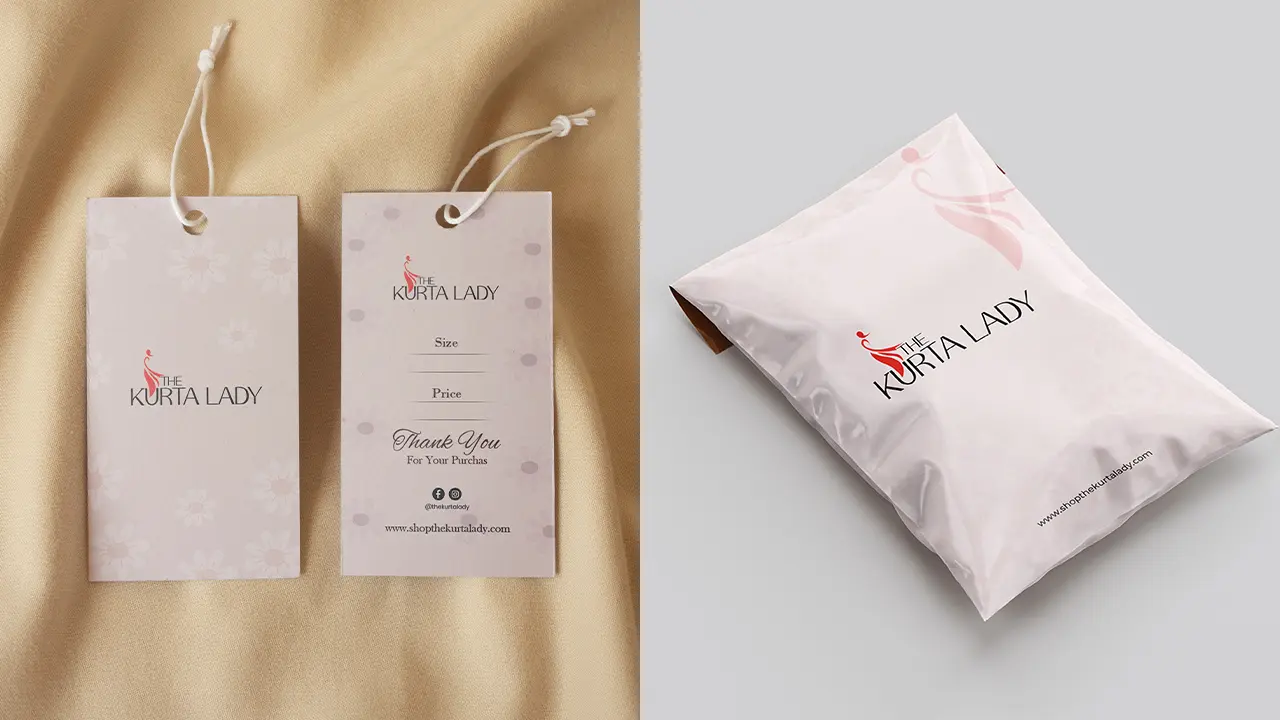 this is the image of tags and packaging for Kurta lady brand identity